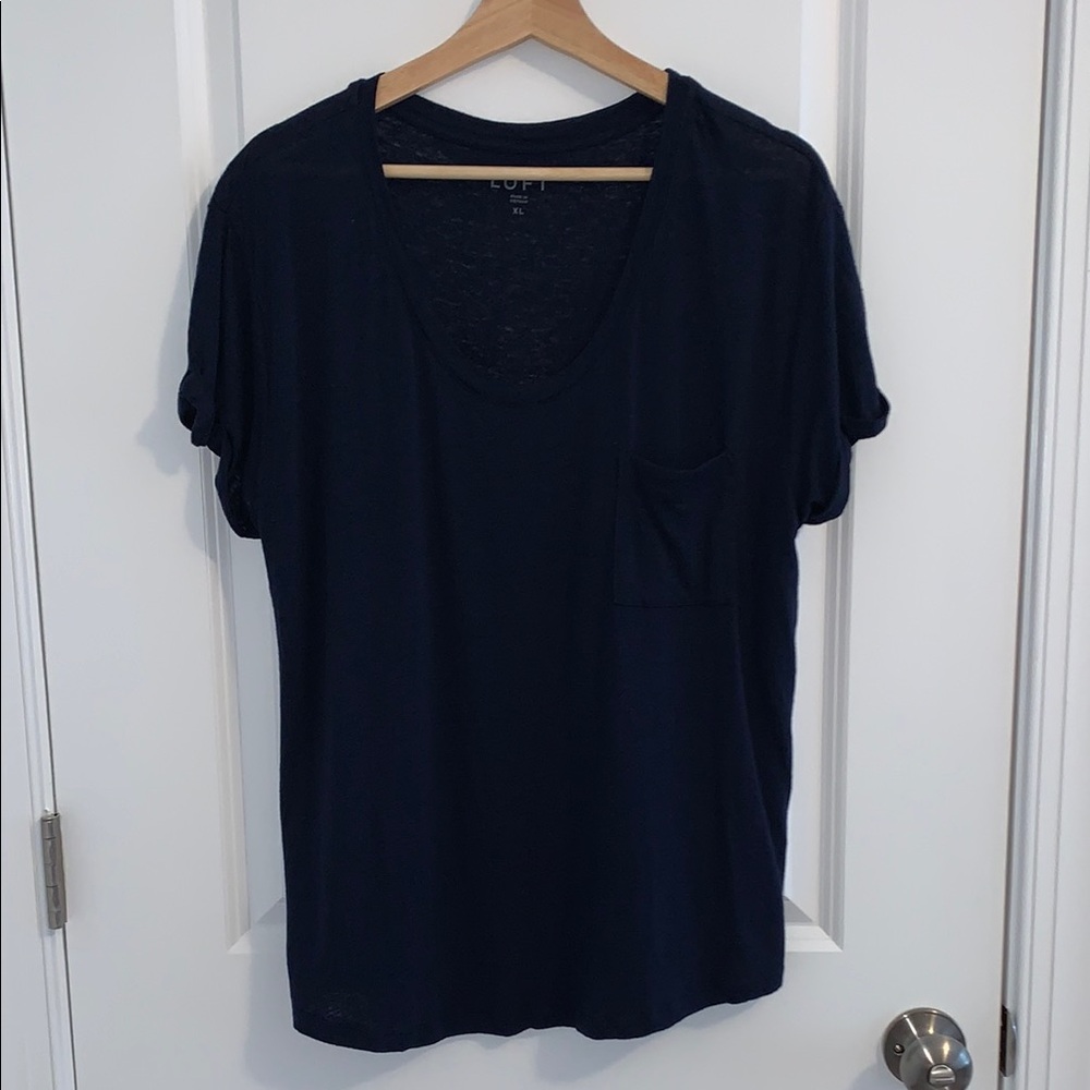 LOFT  Navy Blue Short Sleeve Linen Blend T-Shirt Tunic Length rolled sleeves